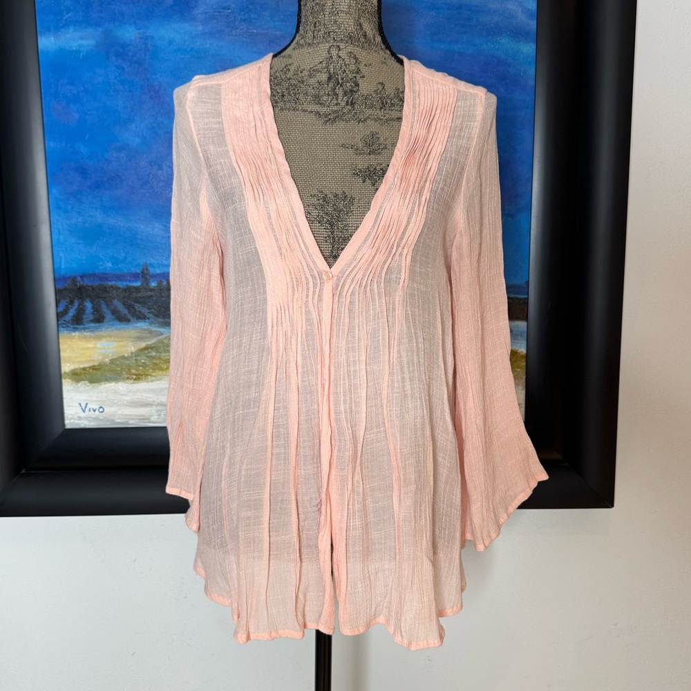 Marabelle Pink V-Neck Gauze Peasant Boho Blouse